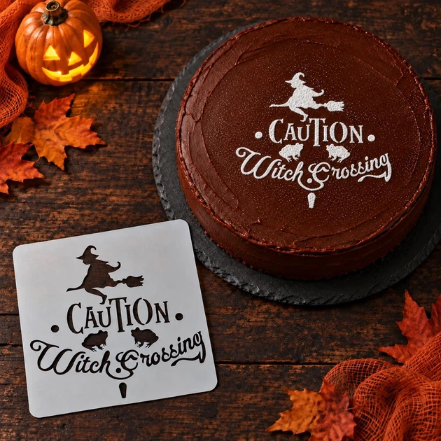 Трафарет на Хэллоуин Ведьма на метле с надписью Caution Witch Crossing для декора и творчества 15 на 15 см серый - изображение 2