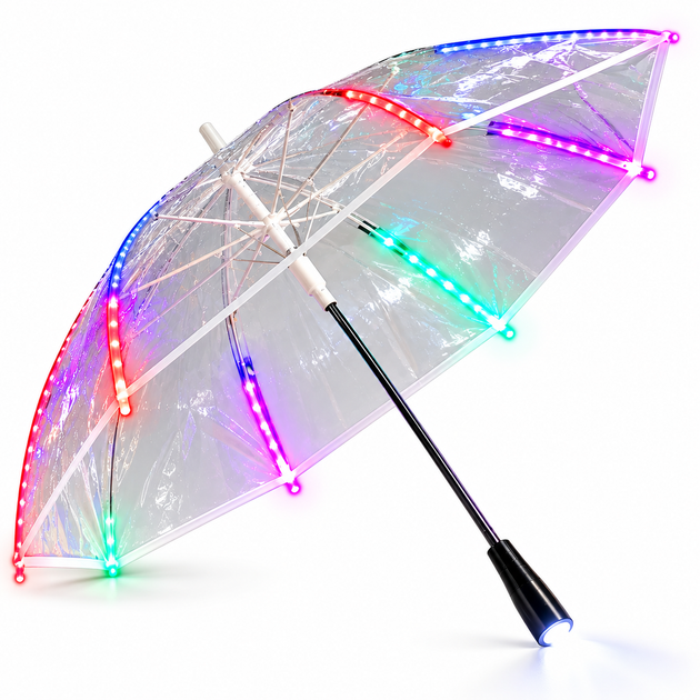 Прозора LED-парасоля від дощу 103 см з ліхтариком для фотосесій різнокольоровим підсвічуванням та міцними карбоновими спицями - Фото 2 Прозора LED-парасоля від дощу 103 см з ліхтариком для фотосесій різнокольоровим підсвічуванням та міцними карбоновими спицями - зображення 2