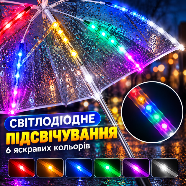 Прозора LED-парасоля від дощу 103 см з ліхтариком для фотосесій різнокольоровим підсвічуванням та міцними карбоновими спицями - Фото 4 Прозора LED-парасоля від дощу 103 см з ліхтариком для фотосесій різнокольоровим підсвічуванням та міцними карбоновими спицями - зображення 4