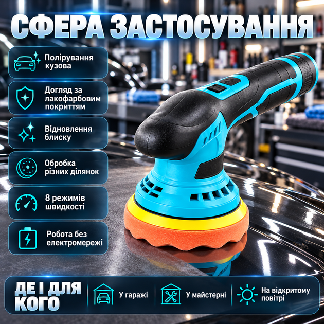 Полірувальна машина акумуляторна Domotec 48 В 125 мм полірувальна машина для авто 8 швидкостей безщітковий двигун 2 акумулятори - зображення 3