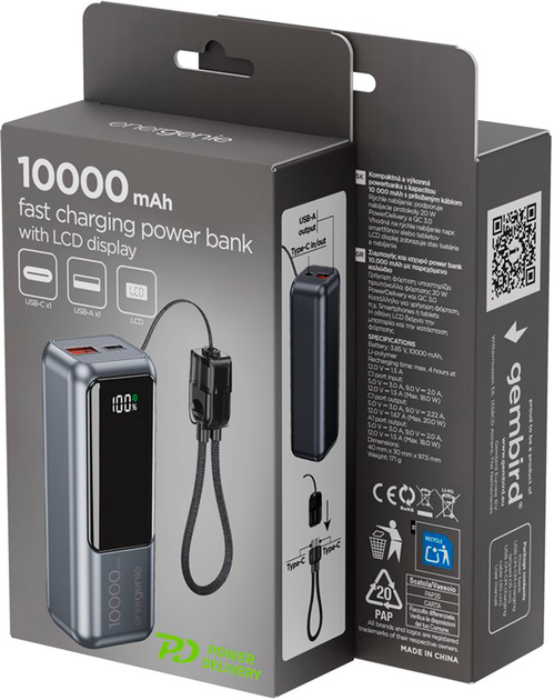 УМБ Gembird Compact 10000 mAh 20W Black (PB10-PD20-LCD-02) - Фото 2 УМБ Gembird Compact 10000 mAh 20W Black (PB10-PD20-LCD-02) - зображення 2