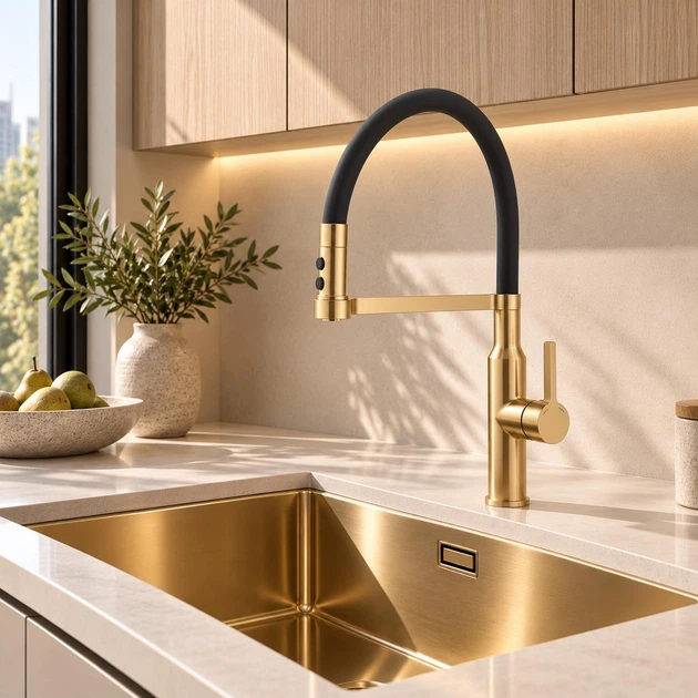 Смеситель для кухни с гибким изливом Mixxus Premium PULL 017 BRUSHED GOLD REFL.BLACK MI8280 матовое золото - изображение 2