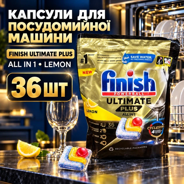 Капсули для посудомийної машини Finish Ultimate Plus All in 1 XXL 3 6 шт - Фото 5 Капсули для посудомийної машини Finish Ultimate Plus All in 1 XXL 3 6 шт - зображення 5