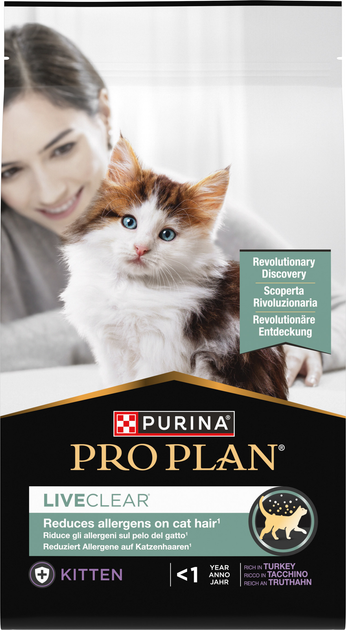 Сухой полнорационный корм для котят Purina Pro Plan LiveClear для уменьшения аллергенов на шерсти с индейкой 1.4 кг (7613287232526) - Фото 1 Сухой полнорационный корм для котят Purina Pro Plan LiveClear для уменьшения аллергенов на шерсти с индейкой 1.4 кг (7613287232526) - изображение 1