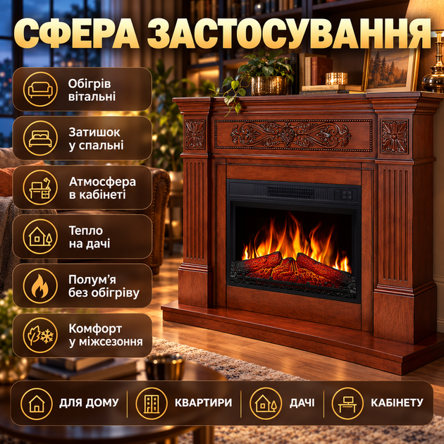 Електрокамін для дому ArtiFlame Toscana 1800 Вт дуб електрокамін з порталом пристінний з ефектом живого полум'я звук горіння вогню камін електричний портал МДФ 107х93х37 см - зображення 3