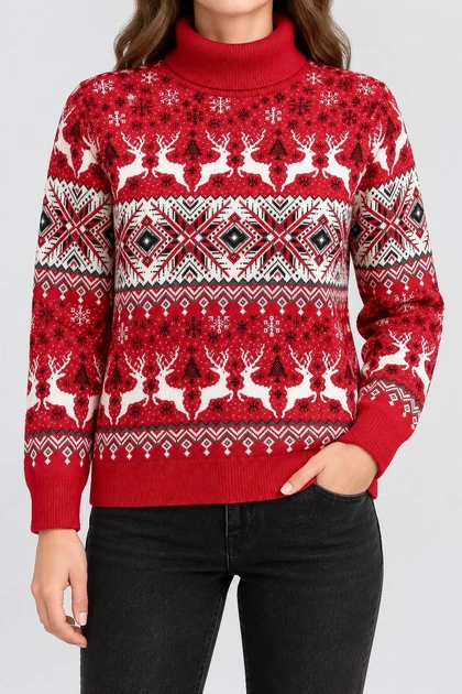 Свитер женский новогодний под красный горло с рисунком кофта. L-XL (407770) - Фото 1 Свитер женский новогодний под красный горло с рисунком кофта. L-XL (407770) - изображение 1