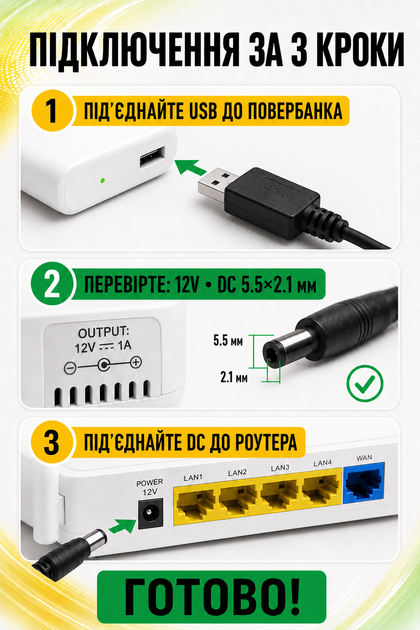 Кабель для роутера від павербанка юсб дс usb шнур для модему від павер банку універсальний 12 вольт маршрутизатор вай фай підвищуючий перехідник dc адаптер wifi конвертер живлення провід для інтернету ups 5.5 x 2.1 JoyPro CB-1051 - зображення 4