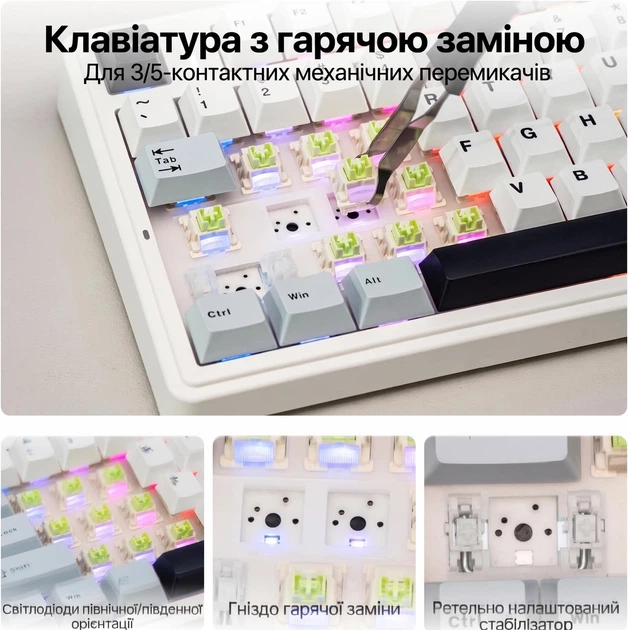 Бездротова ігрова механічна клавітура Aula F75 Glacer blue, 75%, Hot-Swap, RGB, 2.4GHz/Bluetooth/USB - Фото 4 Бездротова ігрова механічна клавітура Aula F75 Glacer blue, 75%, Hot-Swap, RGB, 2.4GHz/Bluetooth/USB - изображение 4
