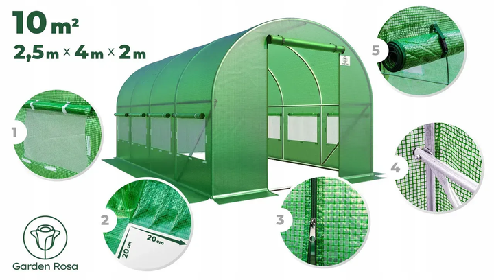 Садовая теплица 10 м2 Garden Rosa 4 × 2.5 × 2 м, армированная пленка UV-4, 8 окон, оцинкованный каркас - Фото 7 Садовая теплица 10 м2 Garden Rosa 4 × 2.5 × 2 м, армированная пленка UV-4, 8 окон, оцинкованный каркас - изображение 7