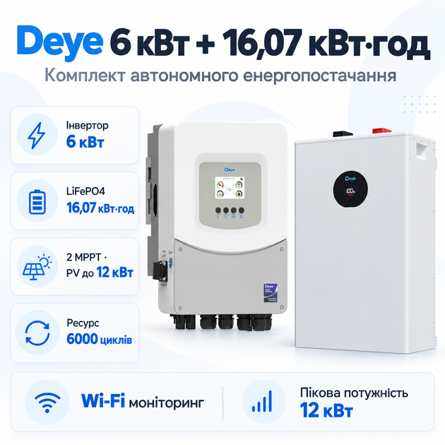 Комплект автономного енергопостачання Deye 6 кВт SUN-6K-SG06LP1-EU-BM2 + Deye SE-F16-C 16.07 кВт·год LiFePO4 - Фото 1 Комплект автономного енергопостачання Deye 6 кВт SUN-6K-SG06LP1-EU-BM2 + Deye SE-F16-C 16.07 кВт·год LiFePO4 - зображення 1