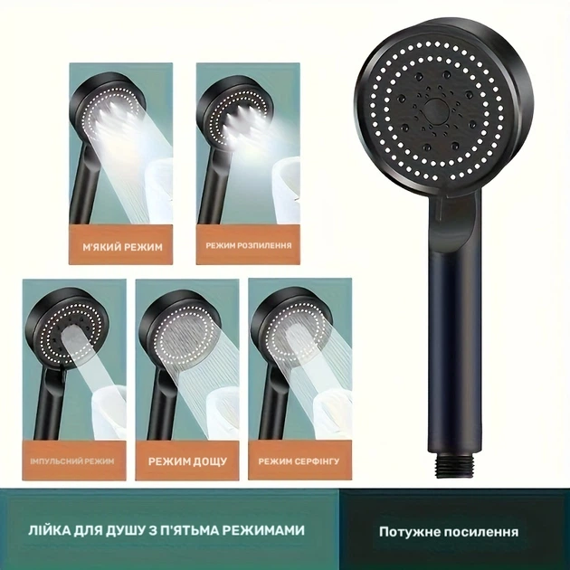 Чёрная ручная душевая лейка с 5 режимами распыления, высоким давлением и функцией экономии воды, 1 шт. - изображение 3