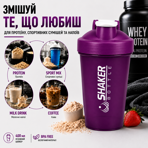 Шейкер APX ShakerBottle 109, спортивный, 400 мл, с металлическим венчиком для смешивания, BPA Free, фиолетовый - изображение 5