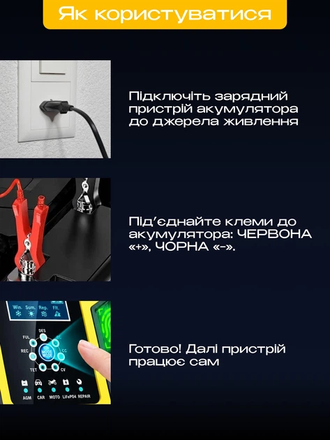 Зарядное устройство для аккумуляторов LiFePO4 гелевых AGM грузовиков Foxsur FBC122412D 12 А 12/24 В 6-200 А·ч импульсное автоматическое с вентилятором и восстановлением АКБ жёлтый - изображение 13