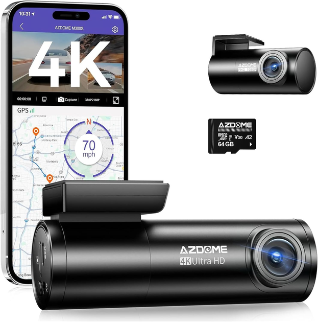 Видеорегистратор AZDOME M300S 4K UHD, Wi-Fi 5.8 ГГц, GPS, 170°, голосовое управление, WDR, G-сенсор, microSD 64 ГБ - изображение 2
