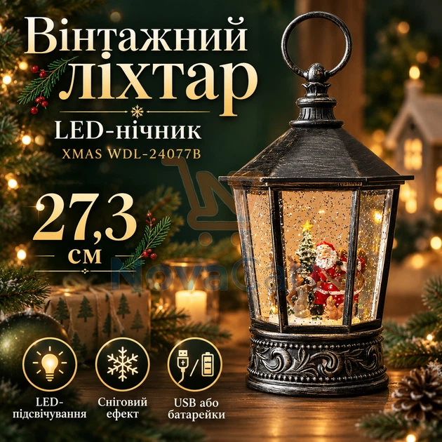 Рождественский LED фонарь с Сантой 27,3 см, новогодний декор с движущимся снегом, винтажный настольный ночник Шестигранный - Фото 1 Рождественский LED фонарь с Сантой 27,3 см, новогодний декор с движущимся снегом, винтажный настольный ночник Шестигранный - изображение 1