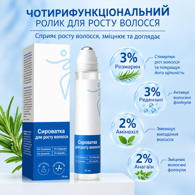Роликовая сыворотка-активатор для роста против выпадения волос с розмарином и реденсилом, 25 мл - Фото 6 Роликовая сыворотка-активатор для роста против выпадения волос с розмарином и реденсилом, 25 мл - изображение 6