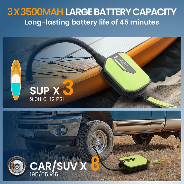 Аккумуляторный насос TowerTop 10500 мАч для SUP и авто, 50 PSI, 420 л/мин, 12 В, LCD, автостоп, 8 насадок, накачивание и сдувание - Фото 6 Аккумуляторный насос TowerTop 10500 мАч для SUP и авто, 50 PSI, 420 л/мин, 12 В, LCD, автостоп, 8 насадок, накачивание и сдувание - изображение 6