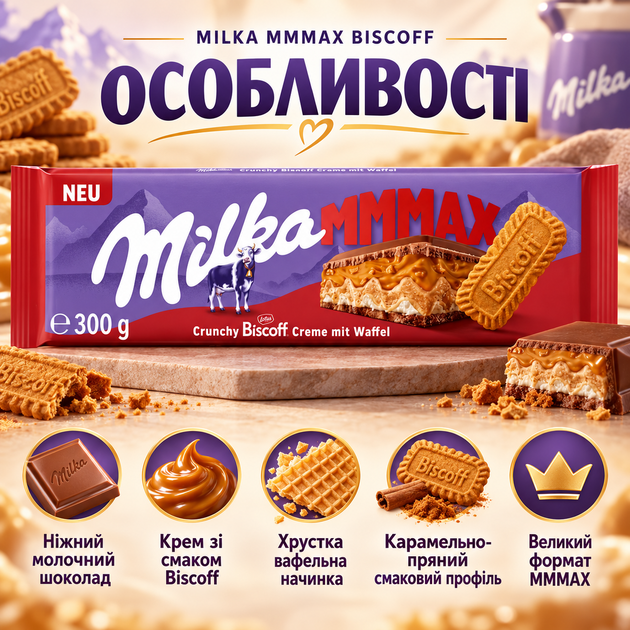 Шоколад молочный Milka Biscoff MMMAX с кремовой начинкой карамелизированным печеньем хрустящей вафлей десертная большая плитка 300 г - Фото 2 Шоколад молочный Milka Biscoff MMMAX с кремовой начинкой карамелизированным печеньем хрустящей вафлей десертная большая плитка 300 г - изображение 2