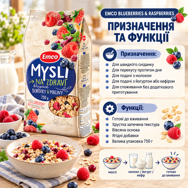 Мюслі Emco Blueberries Raspberries ягідні вівсяні запечені хрусткі з чорницею малиною журавлиною натуральні без консервантів барвників ароматизаторів сухий сніданок 750 г - Фото 4 Мюслі Emco Blueberries Raspberries ягідні вівсяні запечені хрусткі з чорницею малиною журавлиною натуральні без консервантів барвників ароматизаторів сухий сніданок 750 г - зображення 4