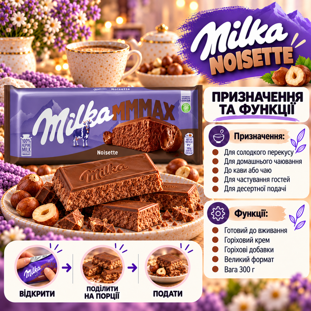 Батончик шоколадний Milka Noisette з горіховим кремом молочним шоколадом горіхами медом солодкий десерт для чаю та кави 300 г - зображення 4