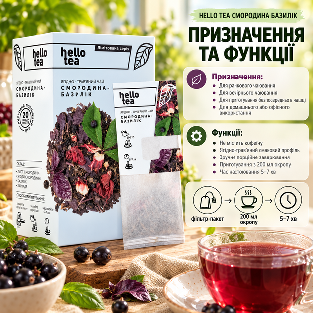 Чай трав'яний Hello Tea Смородина Базилік пакетований ягідний ароматний без кофеїну з натуральними ягодами листям у фільтр пакетах 20 шт для чашки - Фото 4 Чай трав'яний Hello Tea Смородина Базилік пакетований ягідний ароматний без кофеїну з натуральними ягодами листям у фільтр пакетах 20 шт для чашки - зображення 4