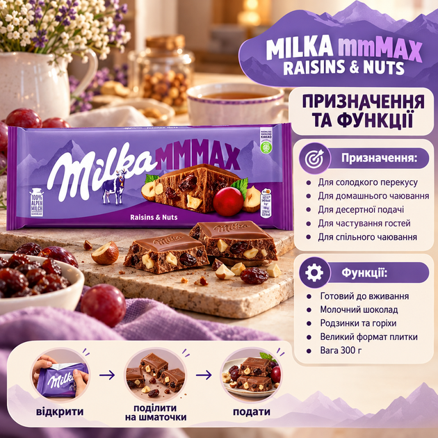 Шоколад молочний Milka mmMAX Raisins Nuts з родзинками горіхами велика плитка солодкий десерт у фольгованій упаковці 300 г - зображення 4