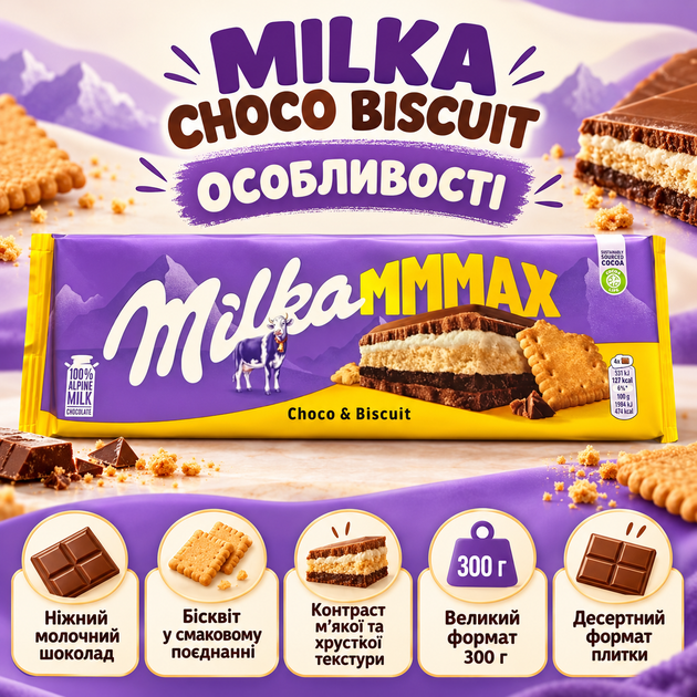 Шоколад молочный Milka Choco Biscuit с бисквитом хрустящей начинкой большая десертная плитка для чая кофе и сладкого перекуса 300 г - изображение 2