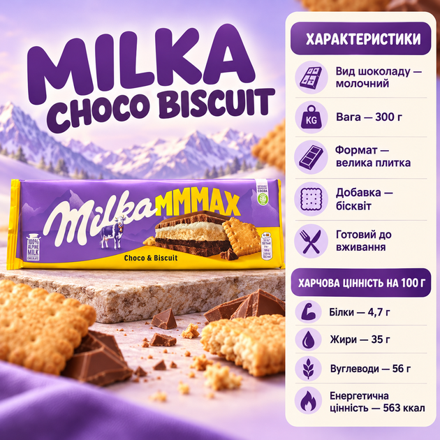 Шоколад молочный Milka Choco Biscuit с бисквитом хрустящей начинкой большая десертная плитка для чая кофе и сладкого перекуса 300 г - изображение 3