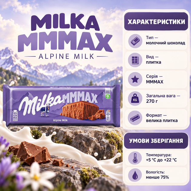 Шоколад молочный Milka MMMAX Alpine Milk альпийский классический большая плитка нежный сливочный десерт для чая кофе мороженого 270 г - изображение 3