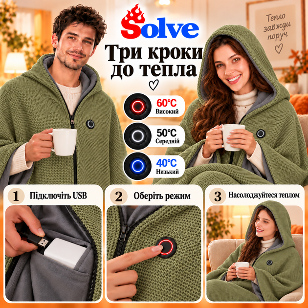 Плед-накидка с подогревом Solve 150х80 см USB от повербанка, 8 зон нагрева, с капюшоном, зеленый KT9009505 - Фото 2 Плед-накидка с подогревом Solve 150х80 см USB от повербанка, 8 зон нагрева, с капюшоном, зеленый KT9009505 - изображение 2