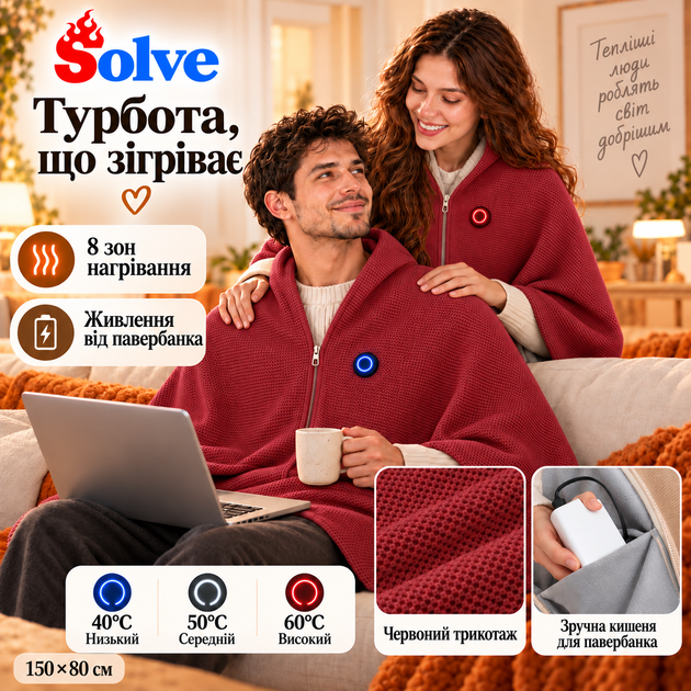 Плед-накидка с подогревом Solve 150х80 см USB от повербанка, 8 зон нагрева, на флисе, красный KT9009503 - Фото 4 Плед-накидка с подогревом Solve 150х80 см USB от повербанка, 8 зон нагрева, на флисе, красный KT9009503 - изображение 4