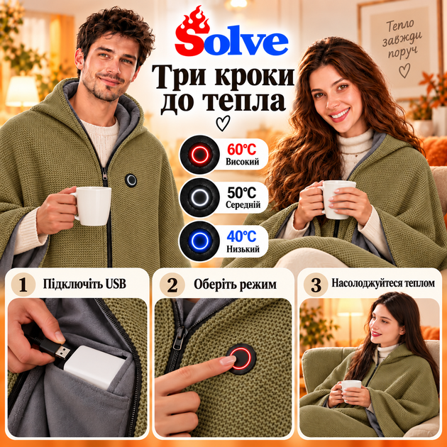 Плед-накидка с подогревом Solve 150х80 см USB от повербанка, 8 зон нагрева, на флисе, зеленый KT9009502 - Фото 2 Плед-накидка с подогревом Solve 150х80 см USB от повербанка, 8 зон нагрева, на флисе, зеленый KT9009502 - изображение 2