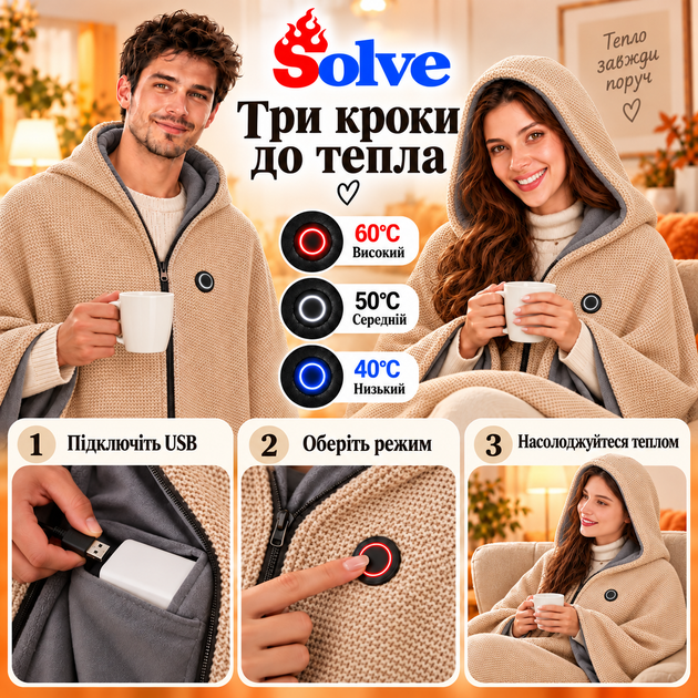 Плед-накидка с подогревом Solve 150х80 см USB от повербанка, 8 зон нагрева, с капюшоном, бежевый KT9009504 - изображение 2