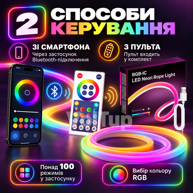 Гибкий неон Smart LED Neon RGB-IC 5 м USB с управлением через телефон и пульт, Bluetooth, более 100 режимов - Фото 2 Гибкий неон Smart LED Neon RGB-IC 5 м USB с управлением через телефон и пульт, Bluetooth, более 100 режимов - изображение 2