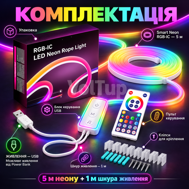 Гибкий неон Smart LED Neon RGB-IC 5 м USB с управлением через телефон и пульт, Bluetooth, более 100 режимов - Фото 5 Гибкий неон Smart LED Neon RGB-IC 5 м USB с управлением через телефон и пульт, Bluetooth, более 100 режимов - изображение 5