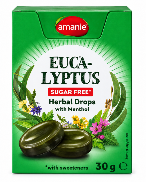 Льодяники Amanie Eucalyptus Sugar Free з ментолом, 2*30 г - Фото 1 Льодяники Amanie Eucalyptus Sugar Free з ментолом, 2*30 г - зображення 1