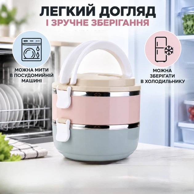 Двухсекционный термоланч-бокс для еды объемом 1,4 л, контейнер с двумя отсеками по 0,7 л, корпус из пищевого пластика и нержавеющей стали, удобный контейнер для домашних блюд на работу, учебу и отдых - изображение 2