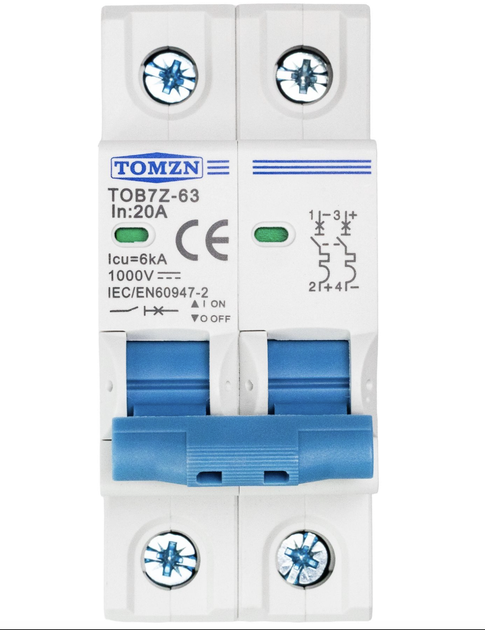 Автоматичний вимикач DC TOMZN TOB7Z-63 MCB 2Р 20A 1000V - Фото 1 Автоматичний вимикач DC TOMZN TOB7Z-63 MCB 2Р 20A 1000V - зображення 1