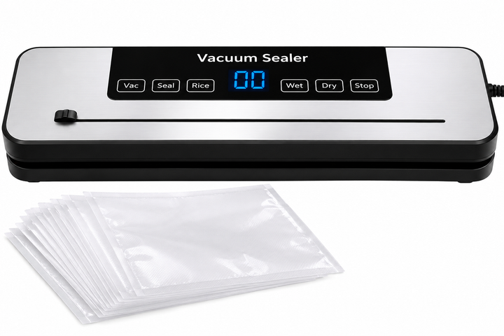 Автоматический вакууматор Vacuum Sealer 120W для продуктов с дисплеем и встроенным резаком, 5 режимов, запайка до 30 см + 10 пакет - изображение 4