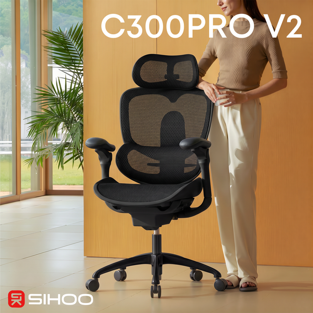 Кресло офисное эргономичное Sihoo DORO C300 PRO V2 Black сетчатое 8D подлокотники 3D подголовник поясничная поддержка газлифт 4 класс алюминиевая основа до 150 кг рост до 190 см (C300-PRO-V2-B101) - изображение 6