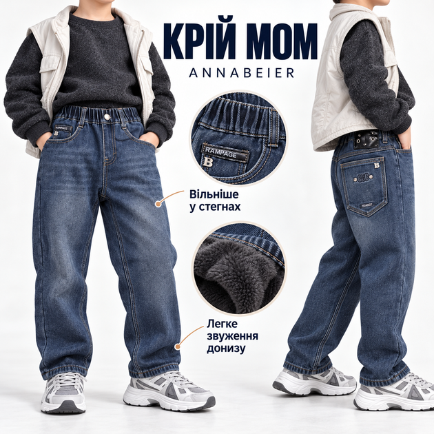 Джинси утеплені для хлопчика Annabeier Mom Fit на плюшевому флісі, 122, Темно-синій - Фото 9 Джинси утеплені для хлопчика Annabeier Mom Fit на плюшевому флісі, 122, Темно-синій - зображення 9