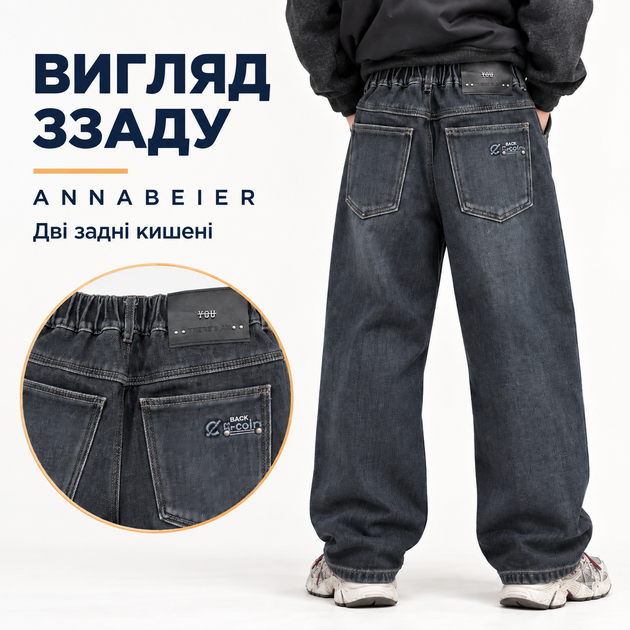 Підліткові джинси Annabeier утеплені Mom Wide на плюшевому флісі,Темно-синій 170 - зображення 5