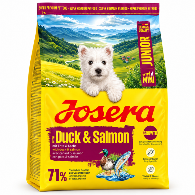 Сухой корм для щенков мелких и средних пород JOSERA Mini Junior Duck & Salmon с уткой и лососем — 3 кг - Фото 1 Сухой корм для щенков мелких и средних пород JOSERA Mini Junior Duck & Salmon с уткой и лососем — 3 кг - изображение 1