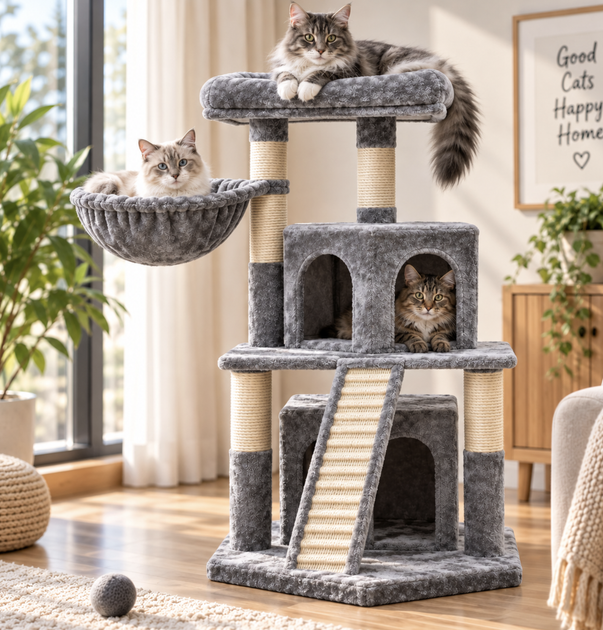 Игровой комплекс для кошек APOLLO-4 с когтеточкой 48×48×105 см — многоуровневый домик с лежанкой и гамаком - изображение 6