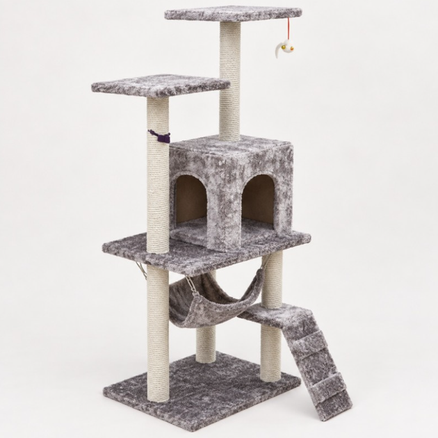 Игровой комплекс для котов APOLLO-1 с когтеточкой, домиком и гамаком 50×40×125 см, серый - Фото 1 Игровой комплекс для котов APOLLO-1 с когтеточкой, домиком и гамаком 50×40×125 см, серый - изображение 1