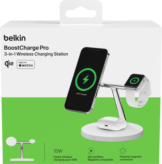 Бездротовий зарядний пристрій Belkin BoostCharge Pro 3-in-1 Wireless Charger MagSafe 15 Вт White (WIZ032KQWH) - Фото 10 Бездротовий зарядний пристрій Belkin BoostCharge Pro 3-in-1 Wireless Charger MagSafe 15 Вт White (WIZ032KQWH) - зображення 10