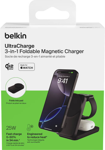 Магнітний зарядний пристрій Belkin UltraCharge 3-in-1 Foldable Magnetic Charger 25W Black (WIZ036KQBK) - Фото 3 Магнітний зарядний пристрій Belkin UltraCharge 3-in-1 Foldable Magnetic Charger 25W Black (WIZ036KQBK) - зображення 3