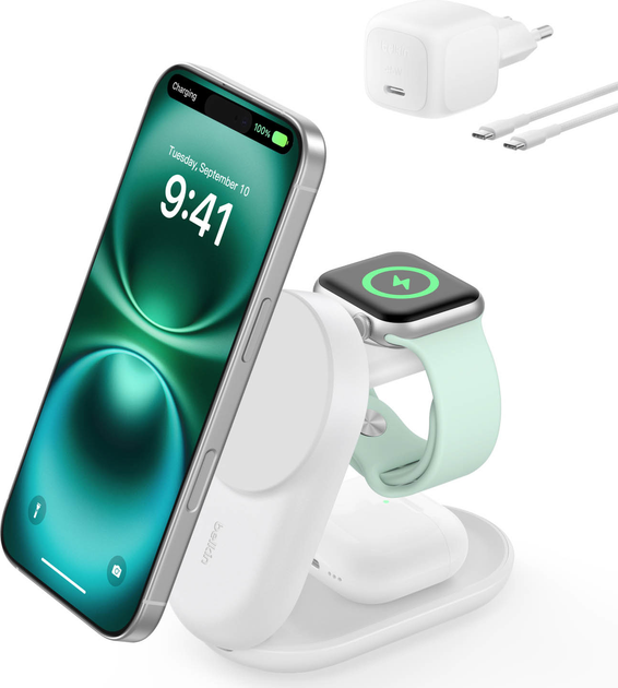 Магнітний зарядний пристрій Belkin 3-in-1 Foldable Magnetic Charger with Qi2 25W White (WIZ037KQWH) - Фото 2 Магнітний зарядний пристрій Belkin 3-in-1 Foldable Magnetic Charger with Qi2 25W White (WIZ037KQWH) - зображення 2
