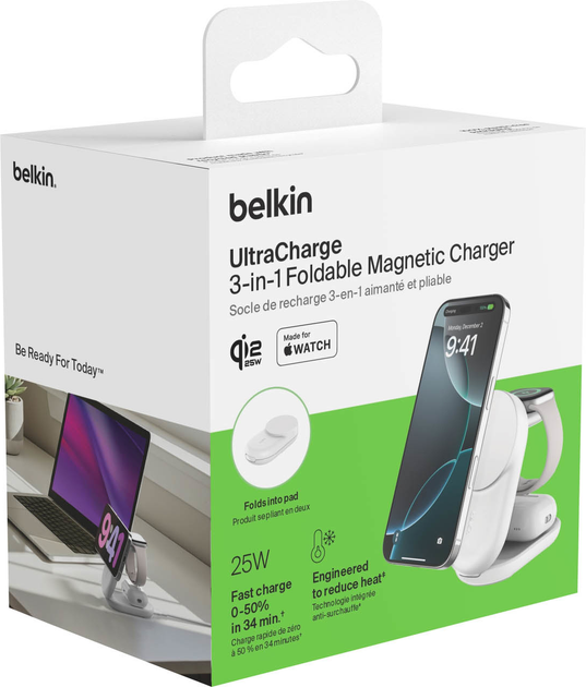 Магнітний зарядний пристрій Belkin 3-in-1 Foldable Magnetic Charger with Qi2 25W White (WIZ037KQWH) - Фото 3 Магнітний зарядний пристрій Belkin 3-in-1 Foldable Magnetic Charger with Qi2 25W White (WIZ037KQWH) - зображення 3