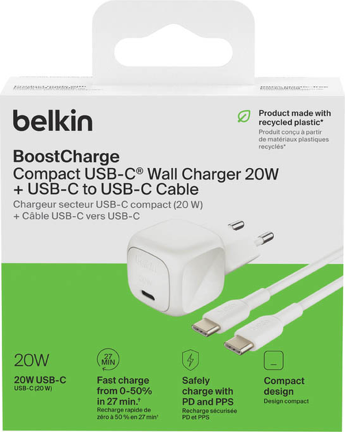 Ładowarka sieciowa Belkin USB-C PD 3.0 PPS Wall Charger 20W + USB-C to USB-C Cable White (WCA009KQ1MWH-B6) - Zdjęcie 5 Ładowarka sieciowa Belkin USB-C PD 3.0 PPS Wall Charger 20W + USB-C to USB-C Cable White (WCA009KQ1MWH-B6) - obraz 5